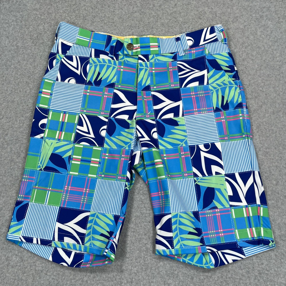 Loudmouth Golf Shorts Mens 32 (33x11) Blue Patchwork Tropical Plaid Flat Front